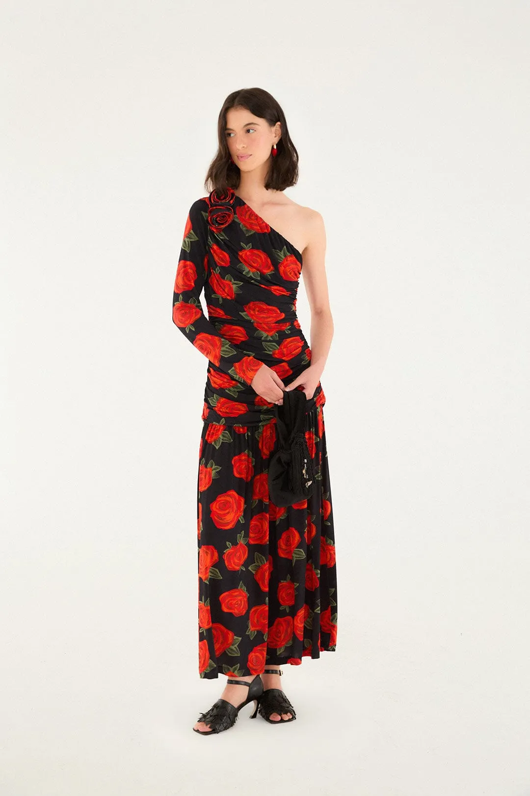 Black Latin Roses 3d Flower One-Shoulder Draped Maxi Dress sold by FARM Rio product image thumbnail 3
