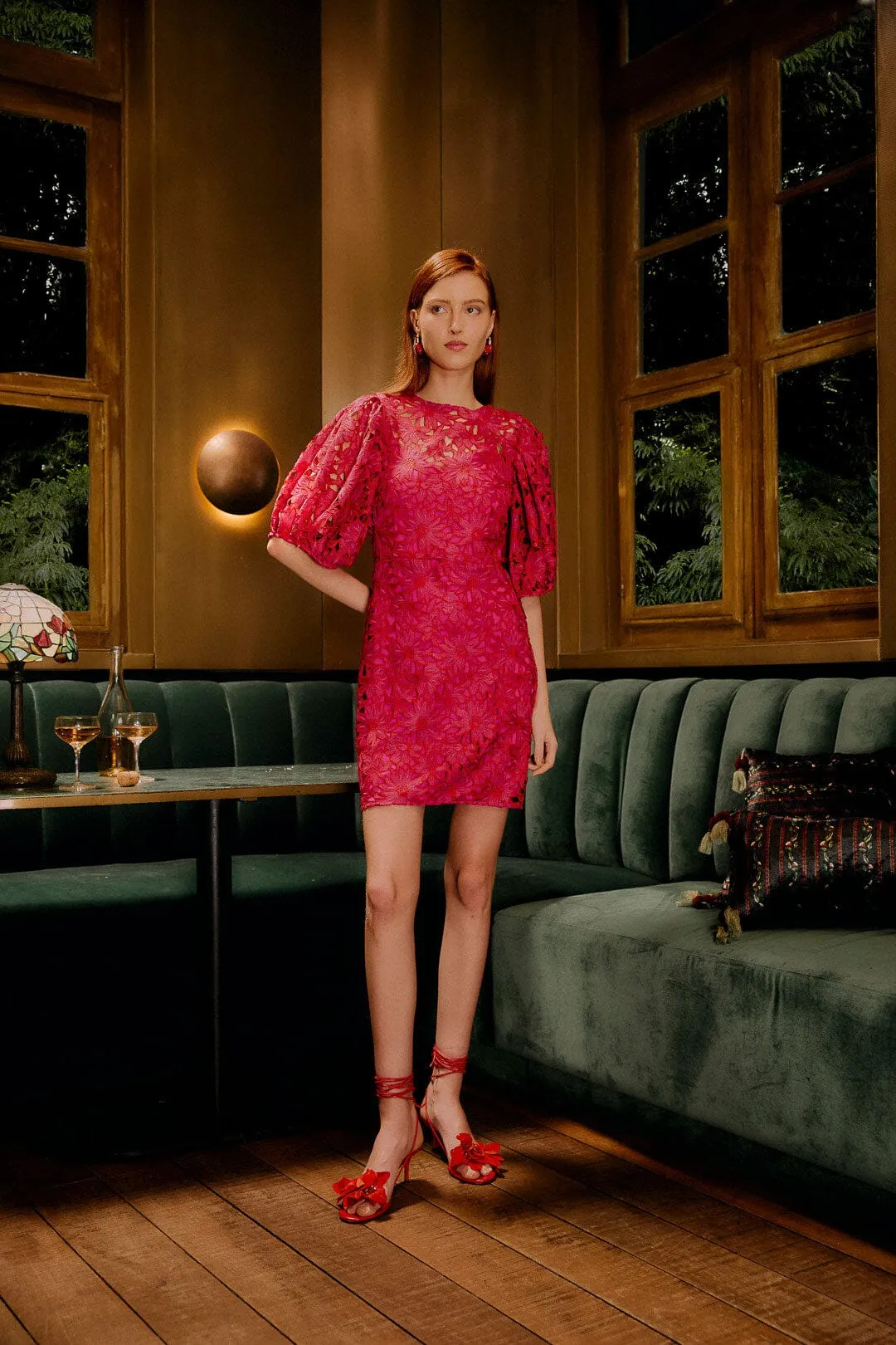 Pink Flowered Lace Puff Sleeve Lined Mini Dress sold by FARM Rio product image thumbnail 2