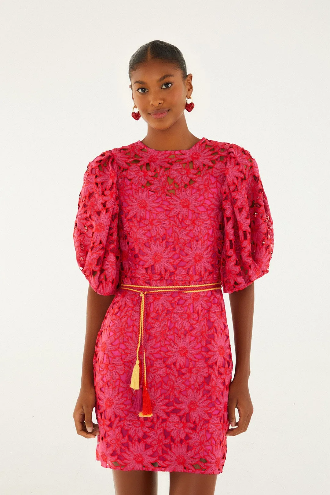 Pink Flowered Lace Puff Sleeve Lined Mini Dress sold by FARM Rio product image thumbnail 3