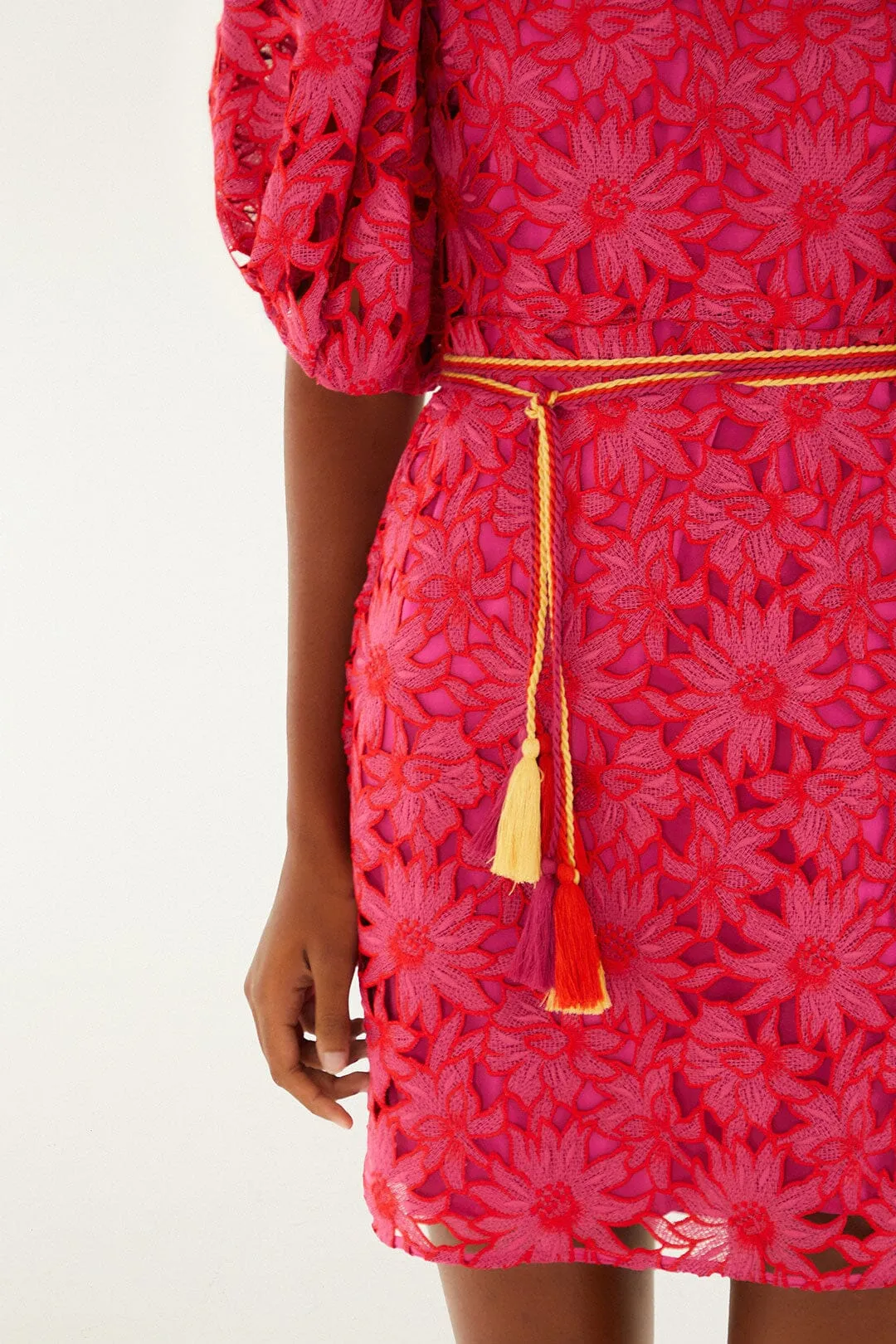 Pink Flowered Lace Puff Sleeve Lined Mini Dress sold by FARM Rio product image thumbnail 4