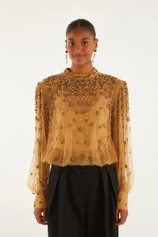 Caramel Embroidered Tulle Lined Blouse sold by FARM Rio