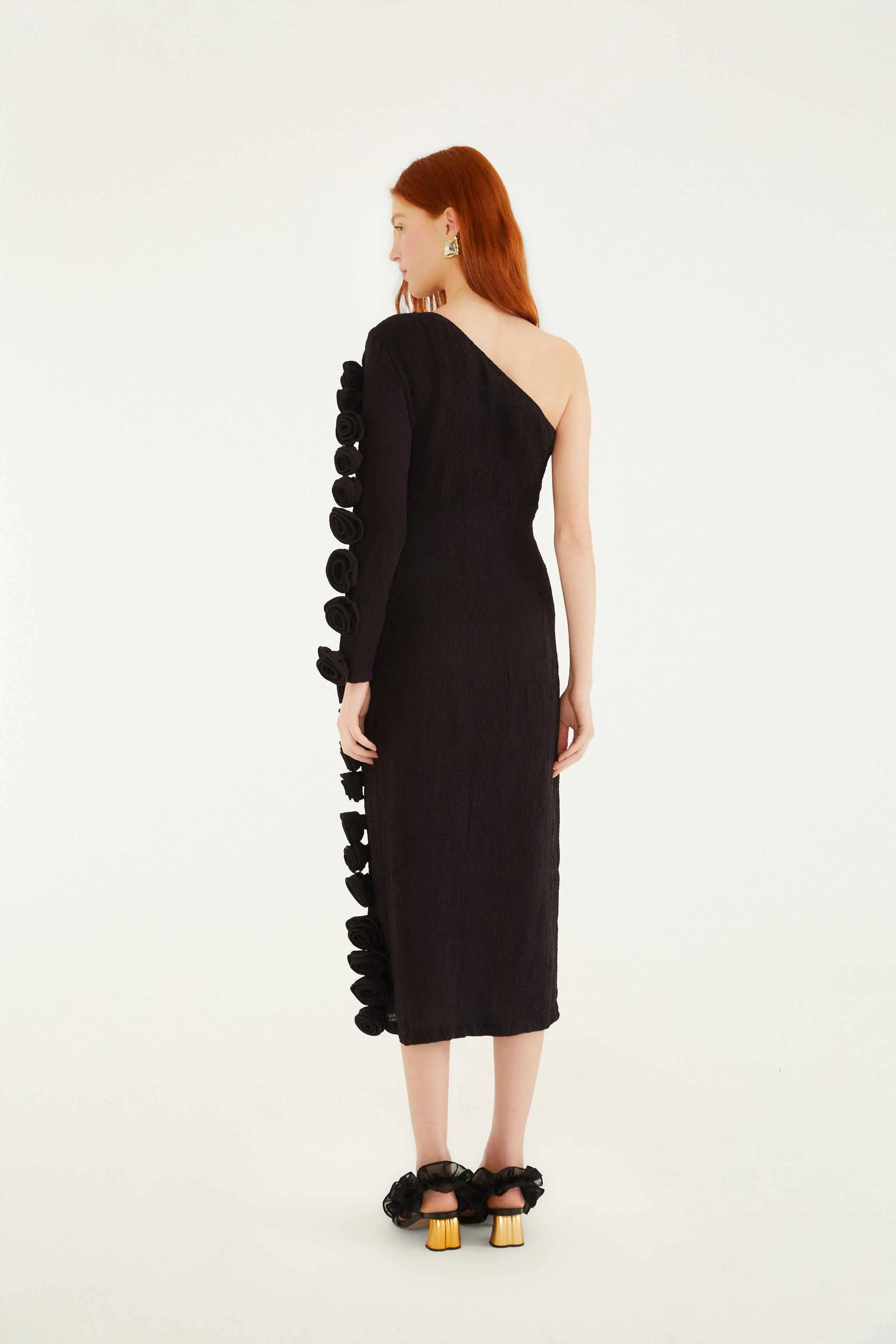 Black 3d Rose One-Shoulder Midi Dress sold by FARM Rio product image thumbnail 4