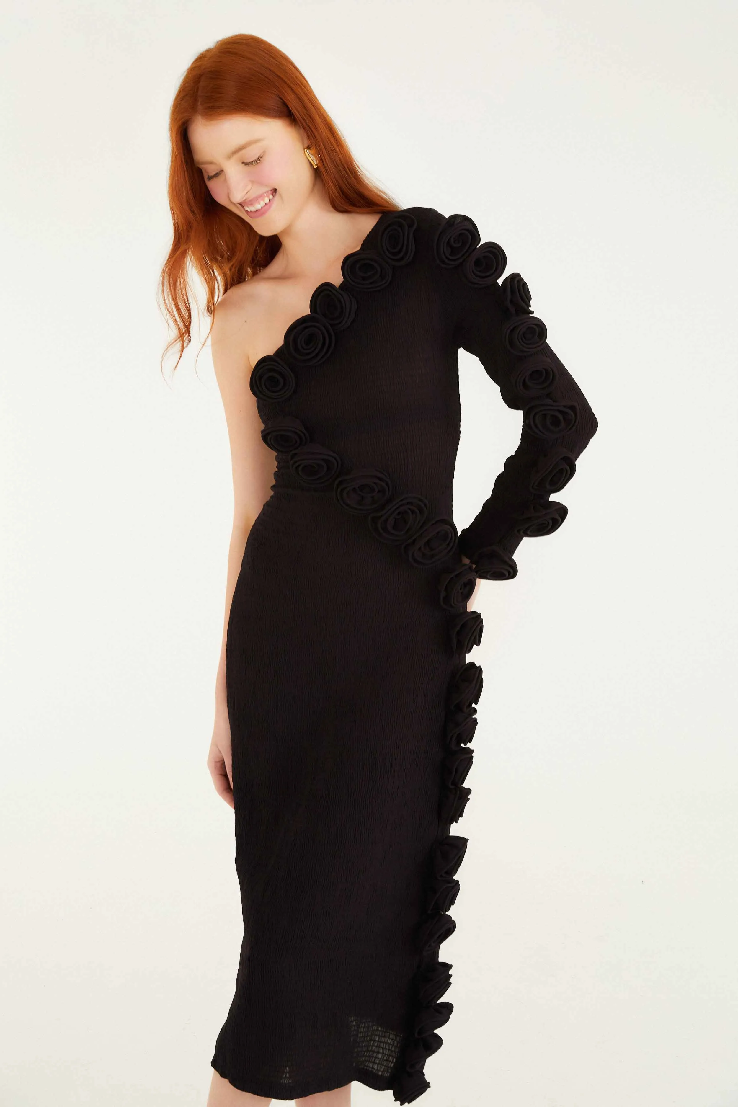 Black 3d Rose One-Shoulder Midi Dress sold by FARM Rio product image thumbnail 3