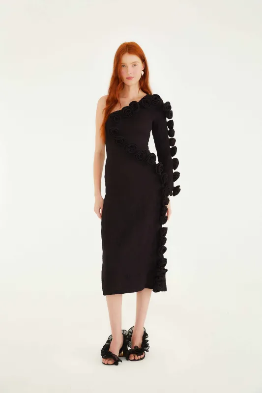 Black 3d Rose One-Shoulder Midi Dress sold by FARM Rio