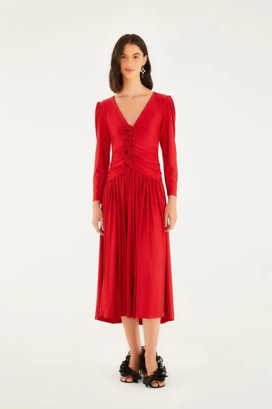 Red 3d Roses Long Sleeve Draped Midi Dress sold by FARM Rio