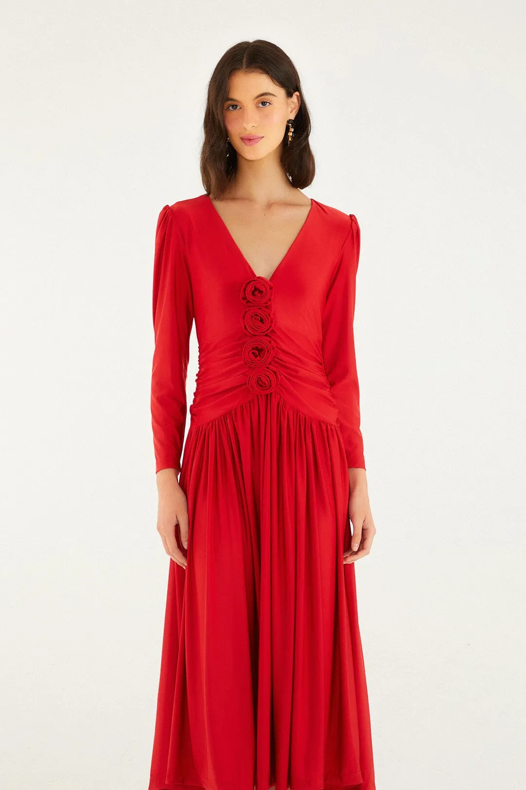 Red 3d Roses Long Sleeve Draped Midi Dress sold by FARM Rio product image thumbnail 3
