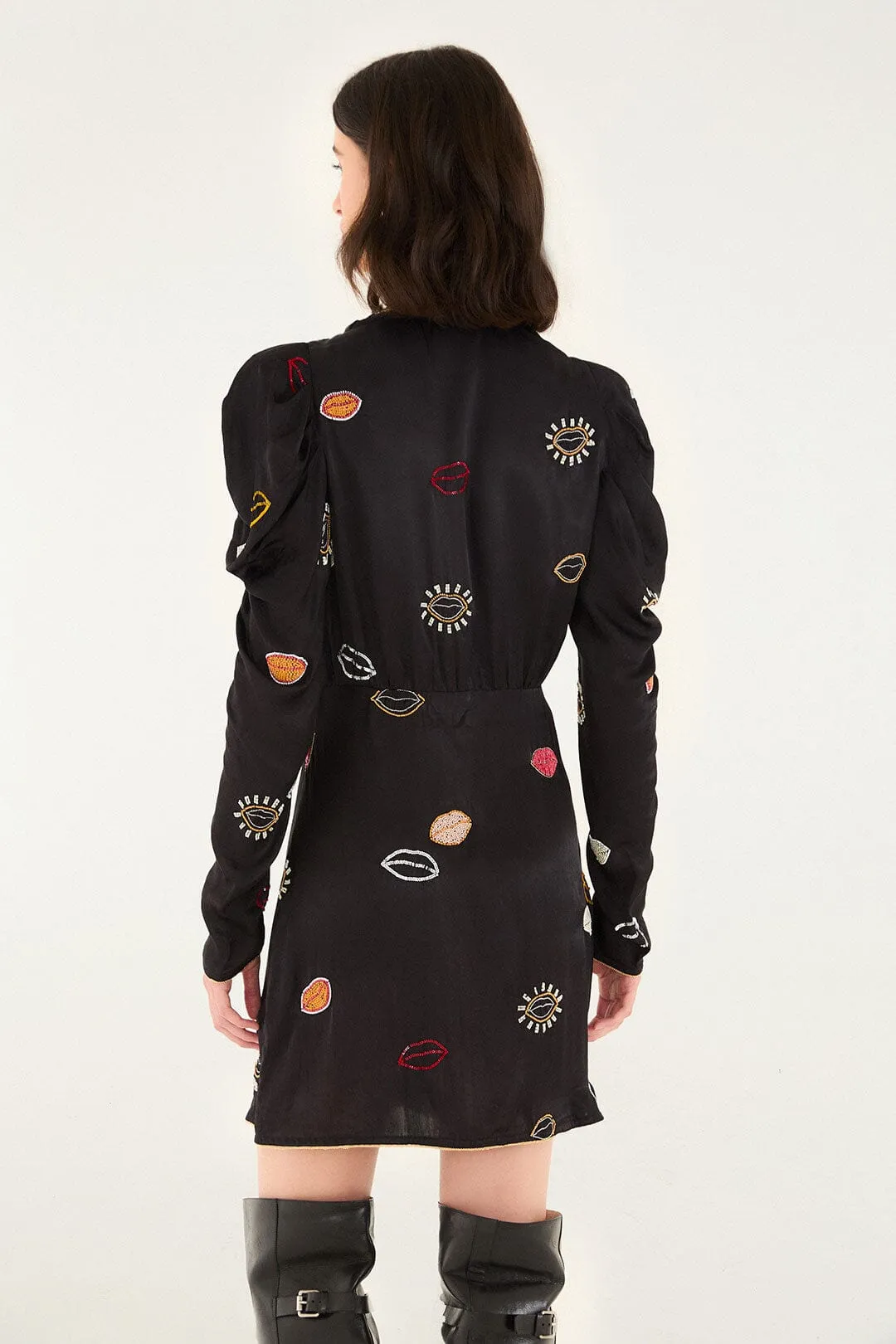 Black Beaded Kisses Lenzing™ Ecovero™ Viscose Wrap Mini Dress sold by FARM Rio product image thumbnail 4