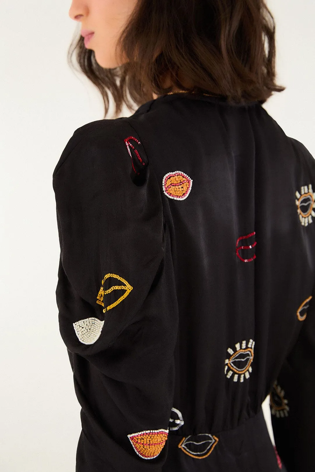 Black Beaded Kisses Lenzing™ Ecovero™ Viscose Wrap Mini Dress sold by FARM Rio product image thumbnail 5