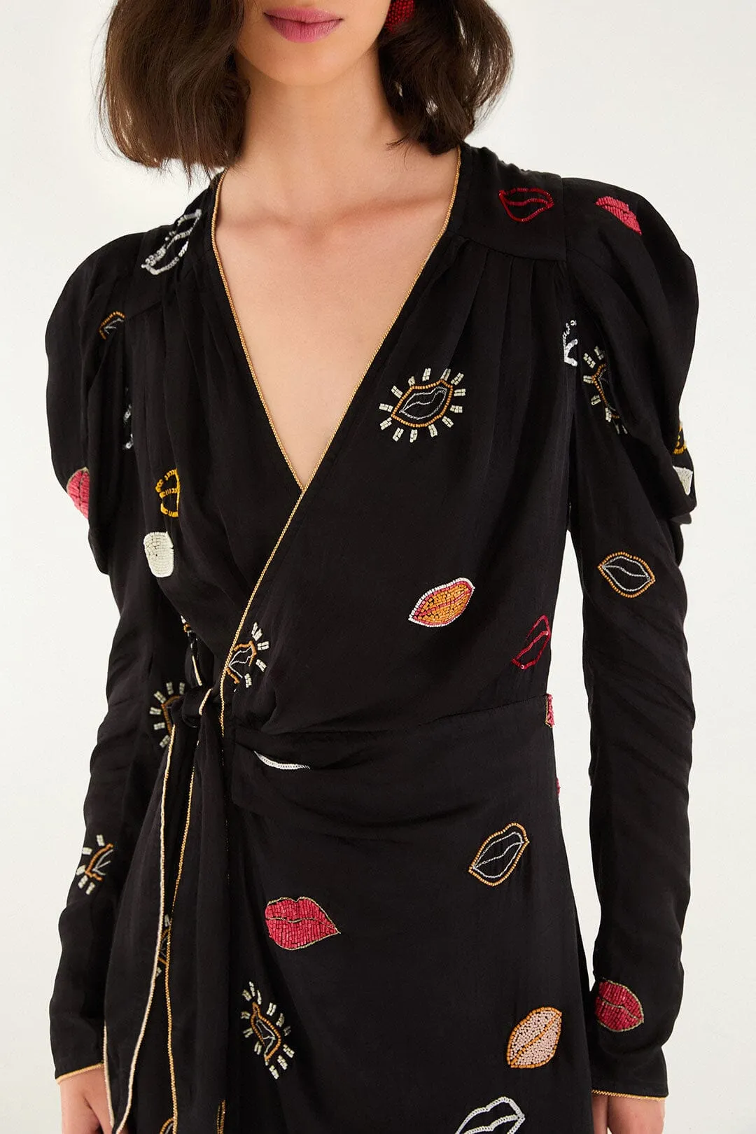 Black Beaded Kisses Lenzing™ Ecovero™ Viscose Wrap Mini Dress sold by FARM Rio product image thumbnail 3