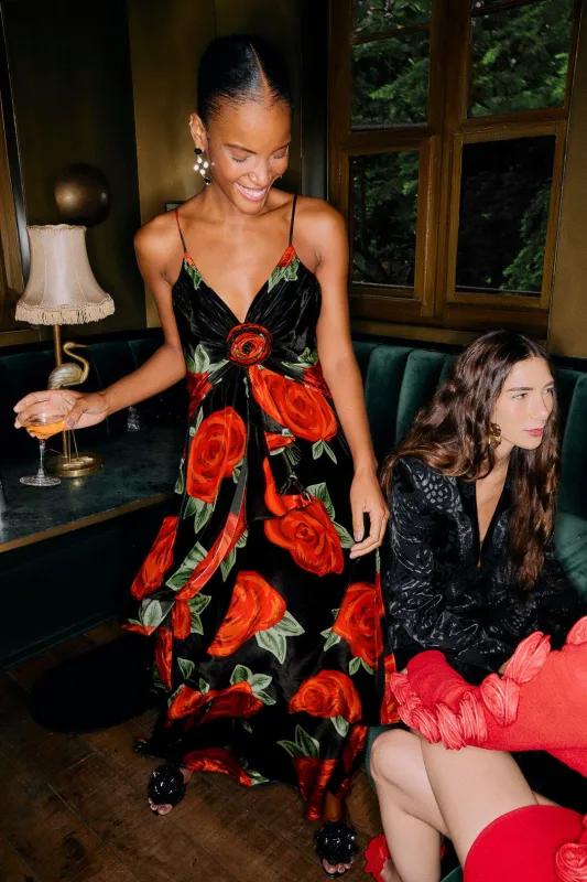 Black Latin Roses 3d Flower Layered Maxi Dress sold by FARM Rio