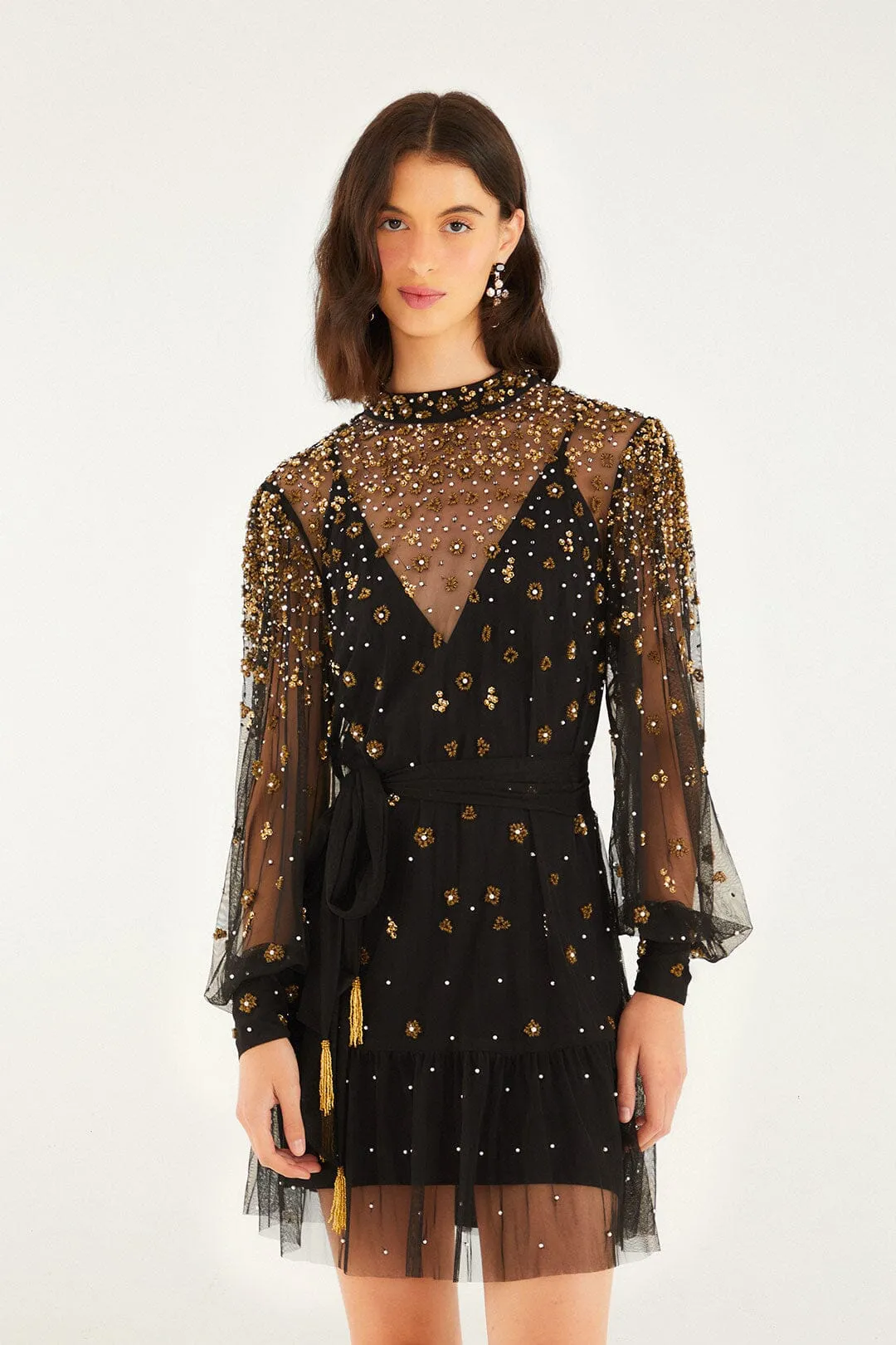 Black Embroidered Tulle Belted Long Sleeve Mini Dress sold by FARM Rio