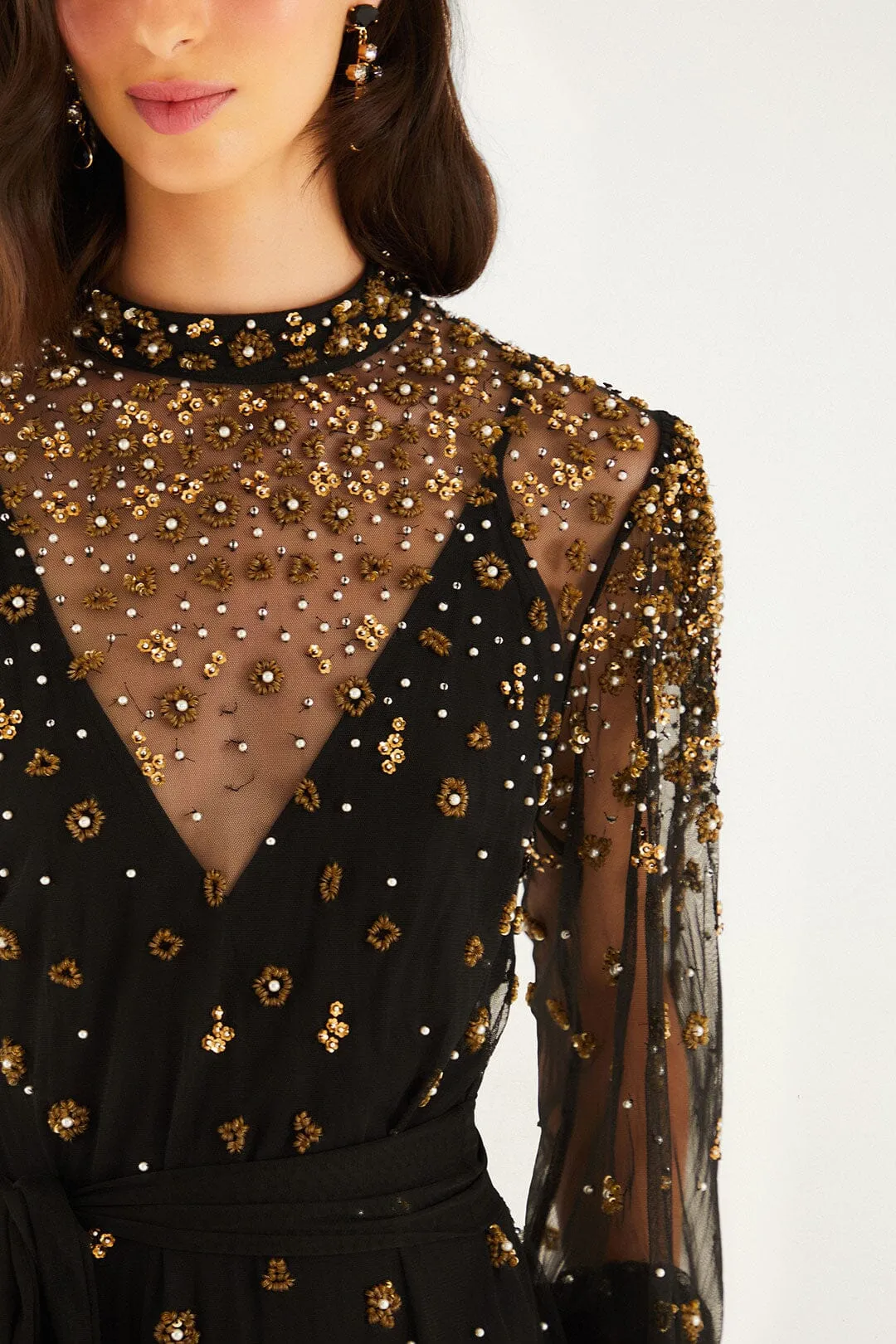 Black Embroidered Tulle Belted Long Sleeve Mini Dress sold by FARM Rio product image thumbnail 3