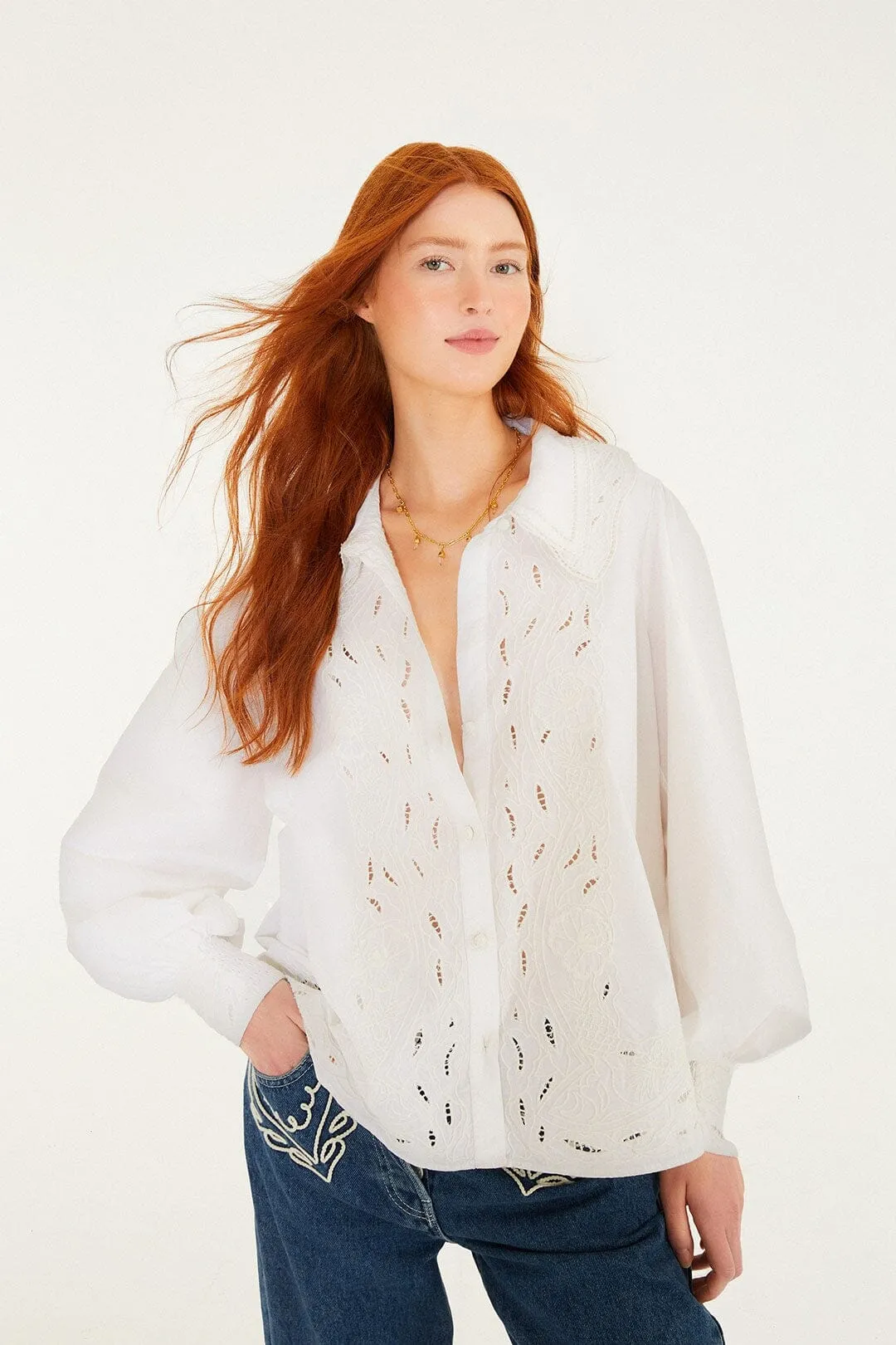 Off-White Embroidered Lace Buttoned Smocked Cuff Shirt sold by FARM Rio product image thumbnail 5