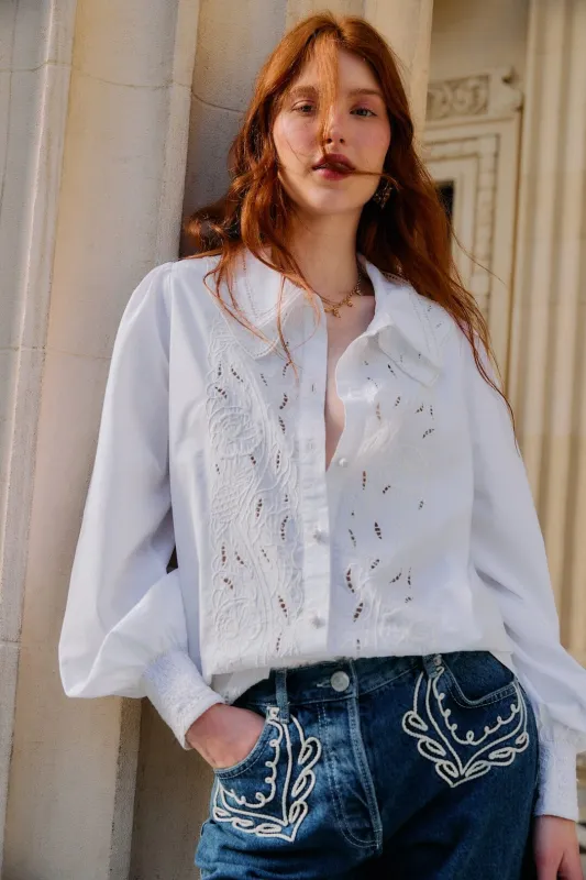 Off-White Embroidered Lace Buttoned Smocked Cuff Shirt sold by FARM Rio