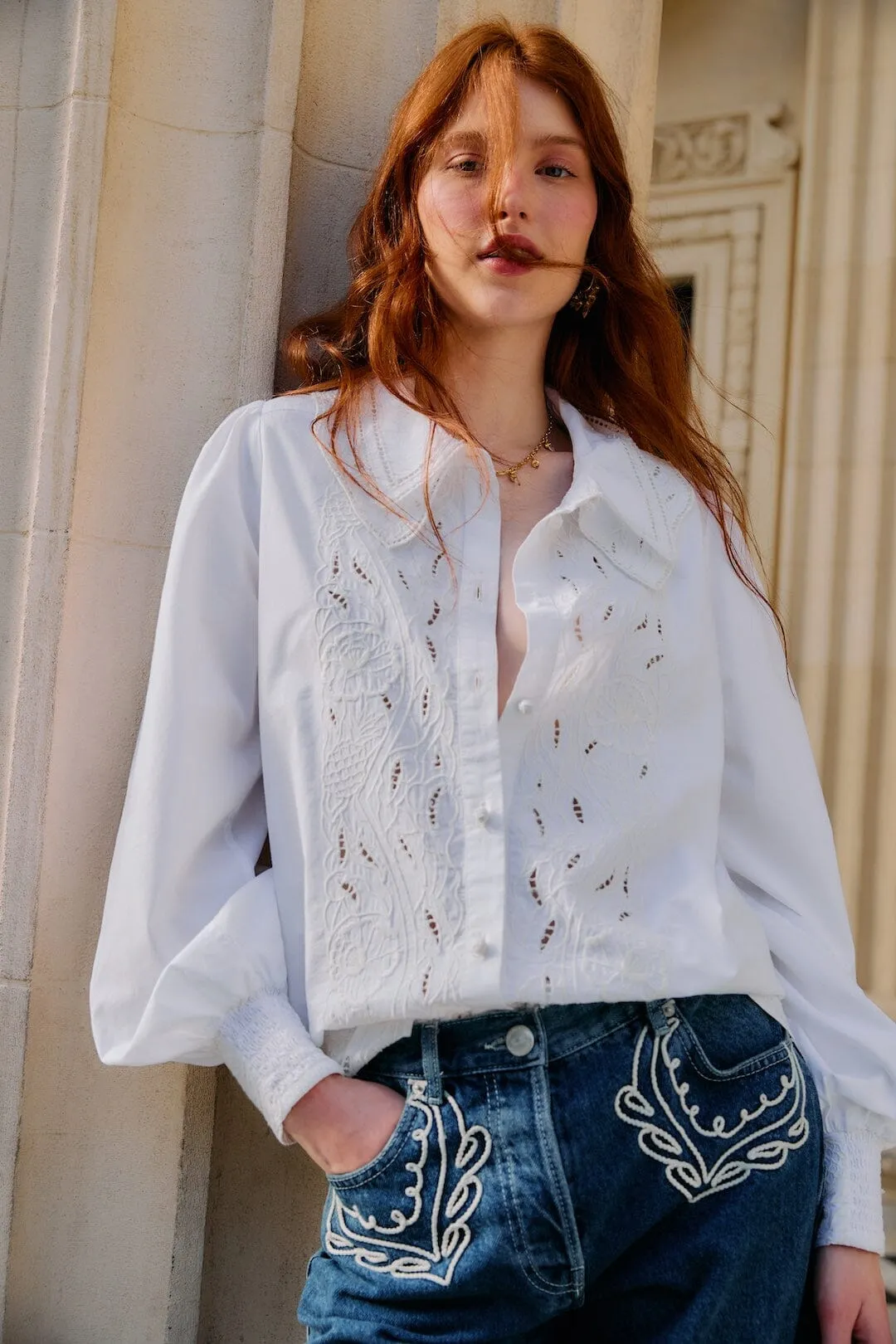 Off-White Embroidered Lace Buttoned Smocked Cuff Shirt sold by FARM Rio