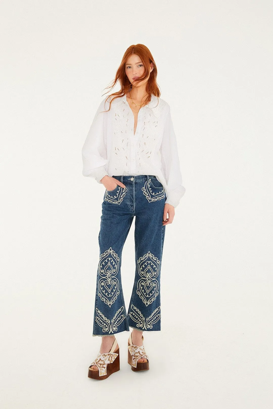 Off-White Embroidered Lace Buttoned Smocked Cuff Shirt sold by FARM Rio product image thumbnail 4