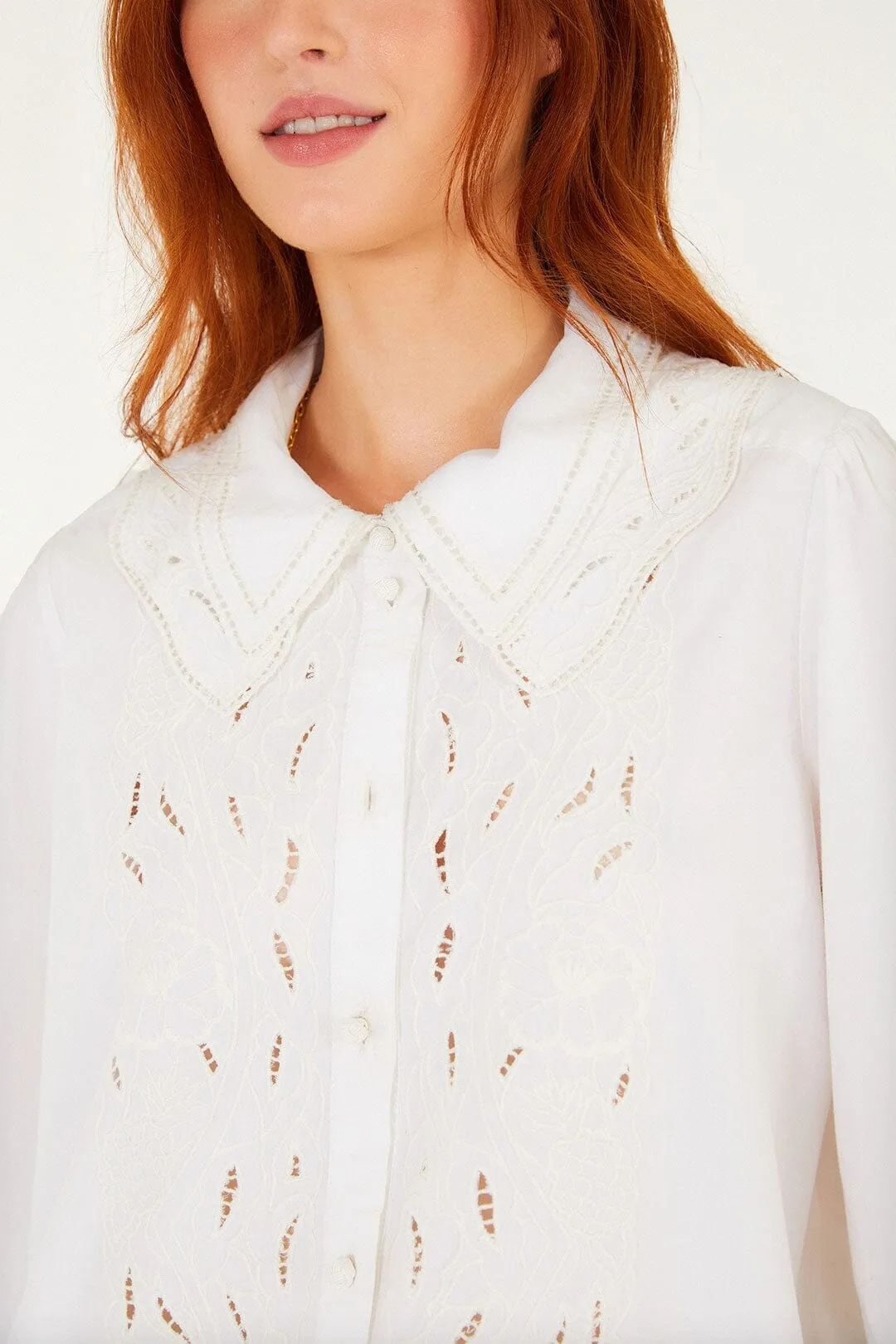 Off-White Embroidered Lace Buttoned Smocked Cuff Shirt sold by FARM Rio product image thumbnail 2