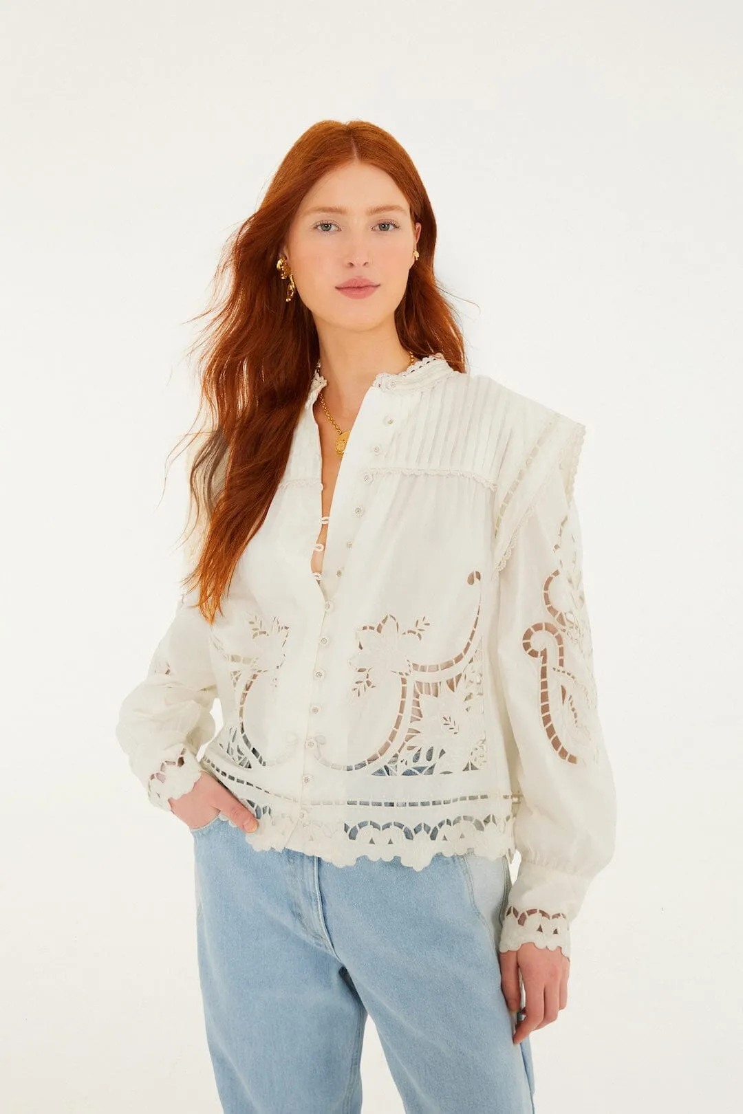 Off-White Richelieu Puff Sleeve Organic Cotton Blouse sold by FARM Rio