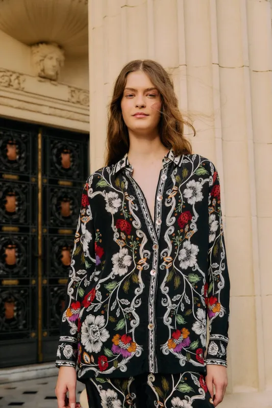 Black Rococo Flowers Collared Buttoned Shirt made by FARM Rio