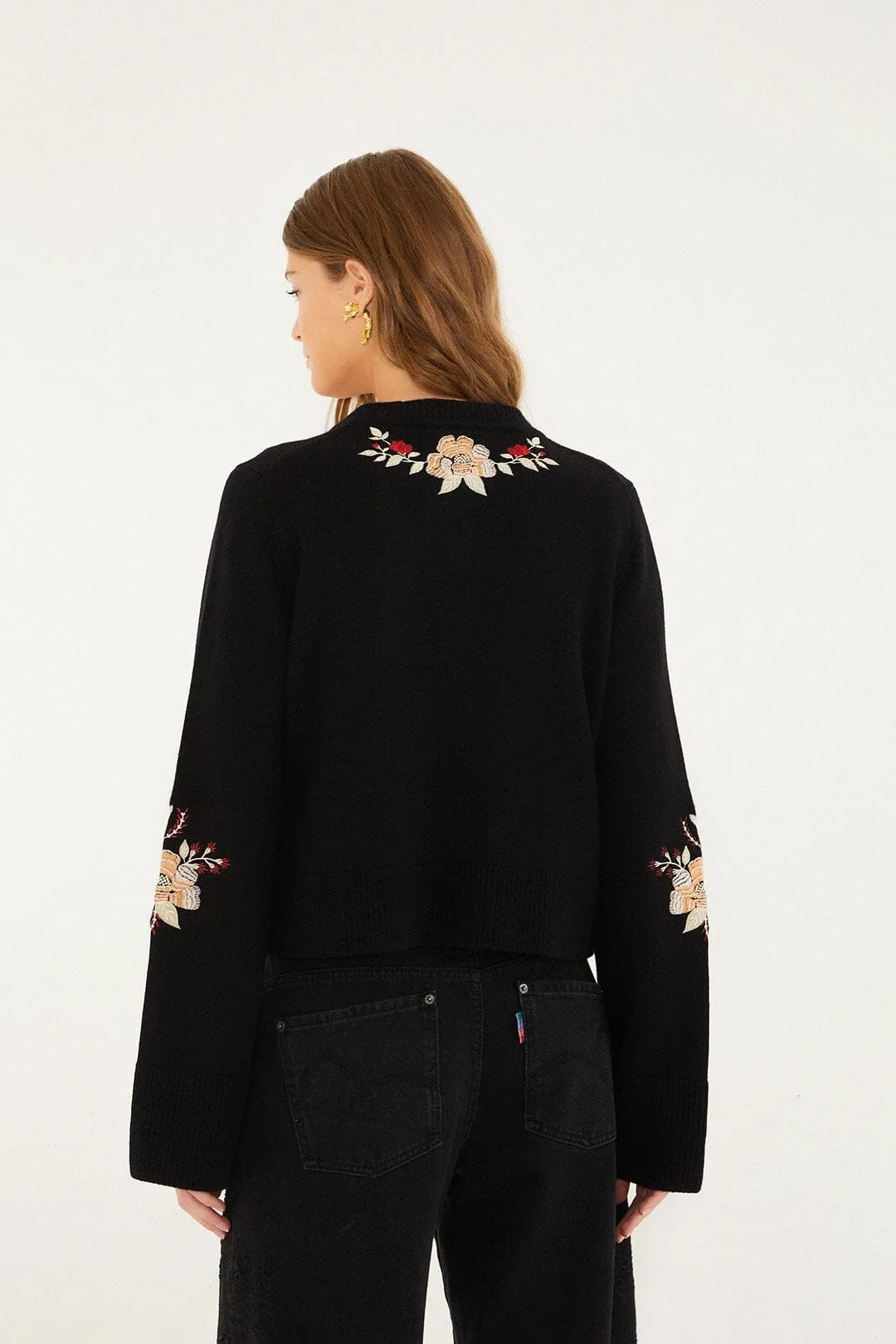 Black Flowers Embroidered Buttoned Knit Cardigan sold by FARM Rio product image thumbnail 3
