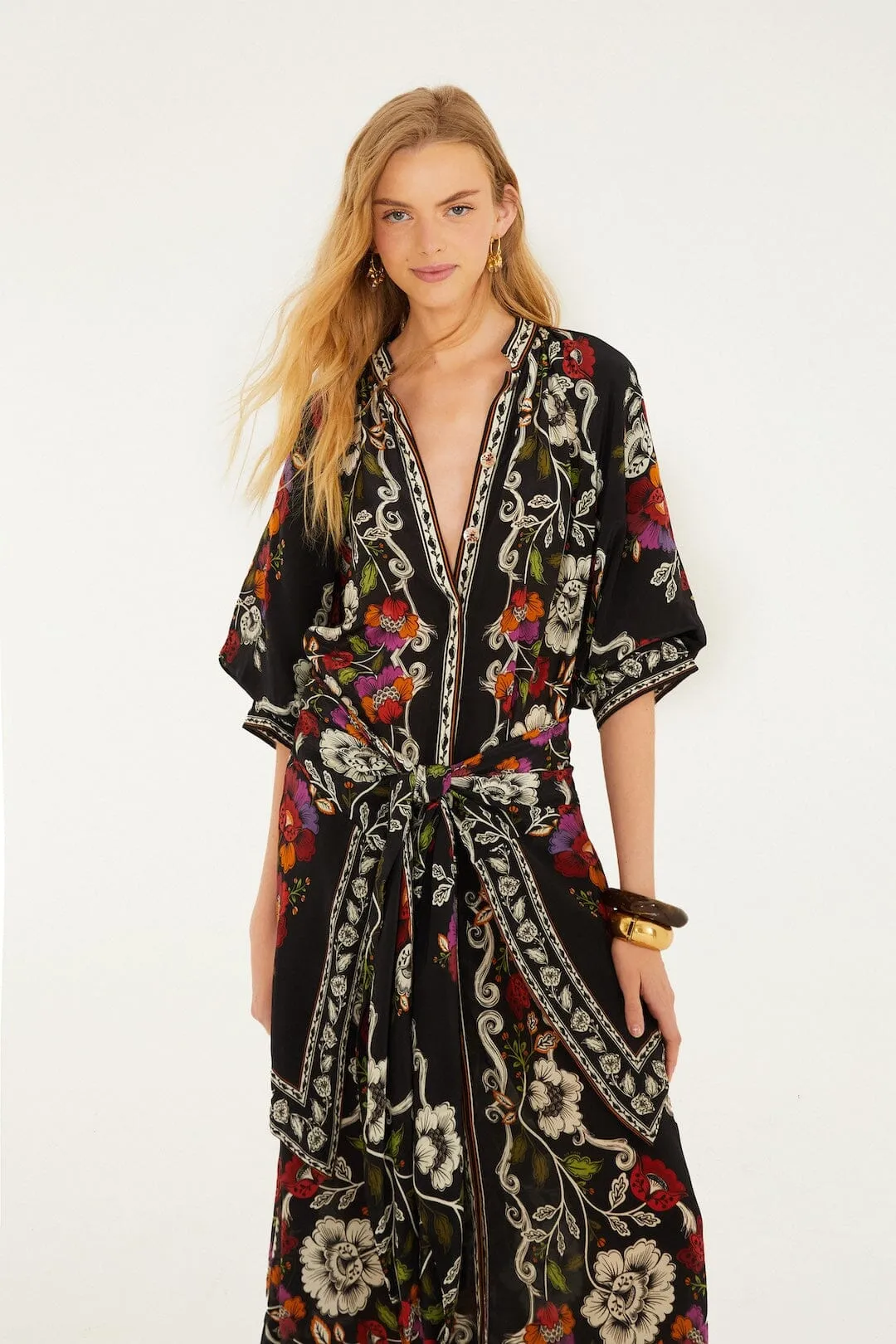 Black Rococo Flowers Belted Midi Dress sold by FARM Rio product image thumbnail 4