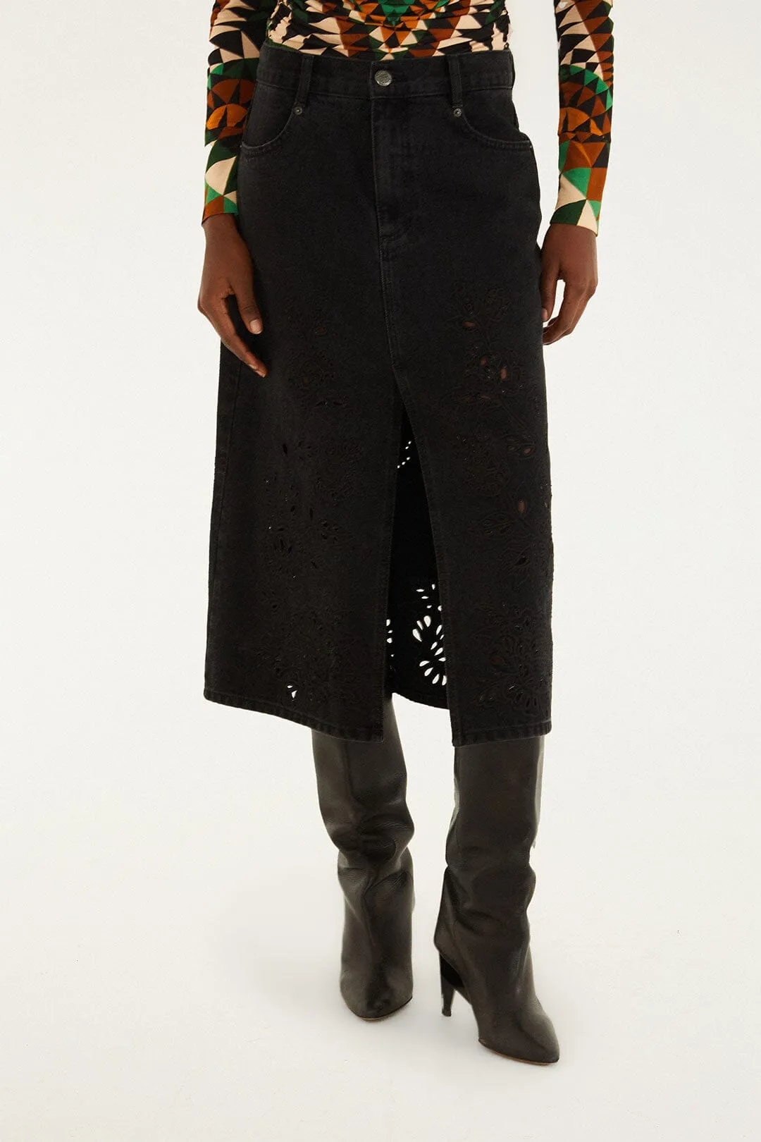 Black Denim Richelieu Front Slit Midi Skirt sold by FARM Rio product image thumbnail 2