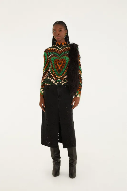 Black Denim Richelieu Front Slit Midi Skirt sold by FARM Rio