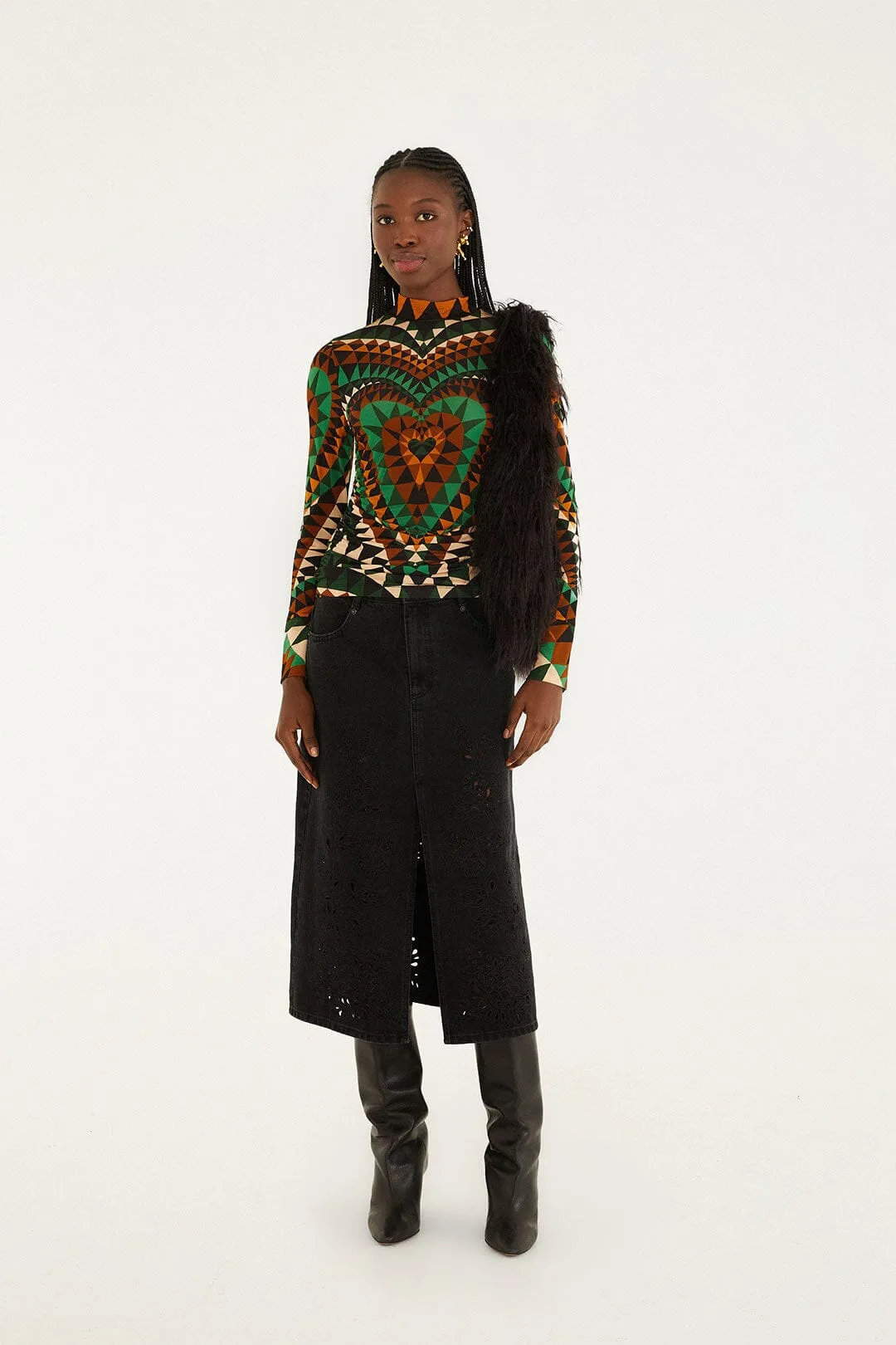 Black Denim Richelieu Front Slit Midi Skirt sold by FARM Rio