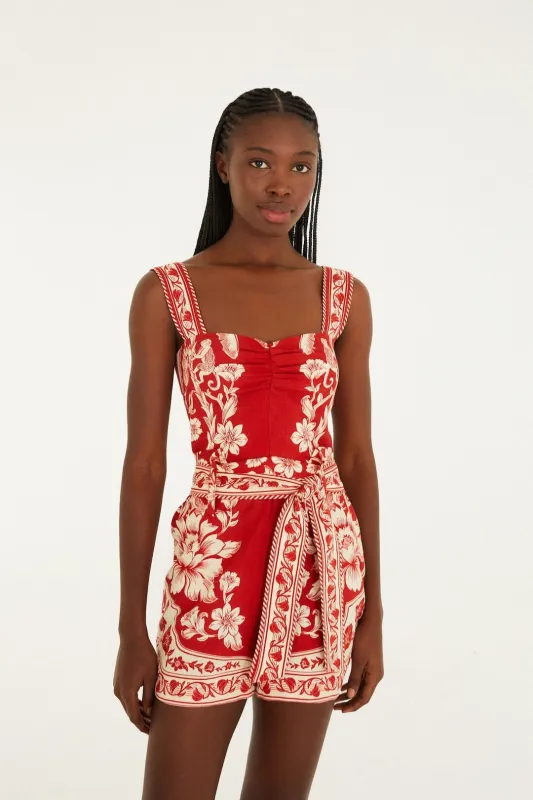 Red Guanacaste Belted Lenzing™ Ecovero™ Euroflax™ Romper sold by FARM Rio