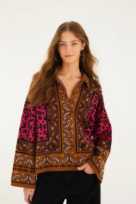 Brown Leopard Scarf Polo Knit Sweater sold by FARM Rio