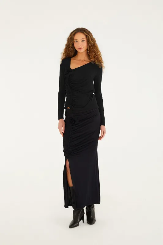 Black Flower Draped Side Slit Midi Skirt sold by FARM Rio