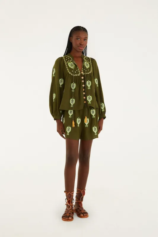 Green Heart Tapestry Embroidered Lenzing™ Ecovero™ Euroflax™ Shorts sold by FARM Rio