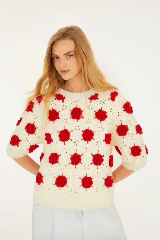 Red Flower Crochet Knit Blouse sold by FARM Rio