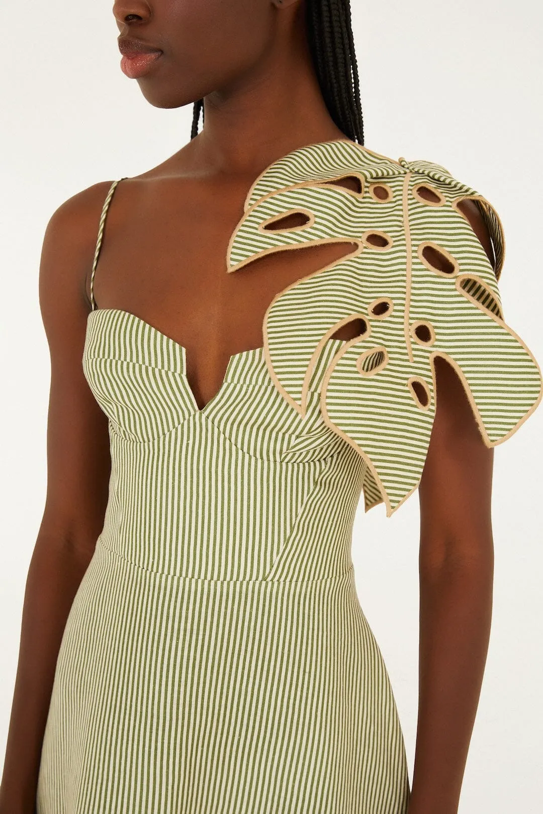 Green Striped 3d Monstera Leaf Euroflax™ Premium Linen Midi Dress sold by FARM Rio product image thumbnail 2