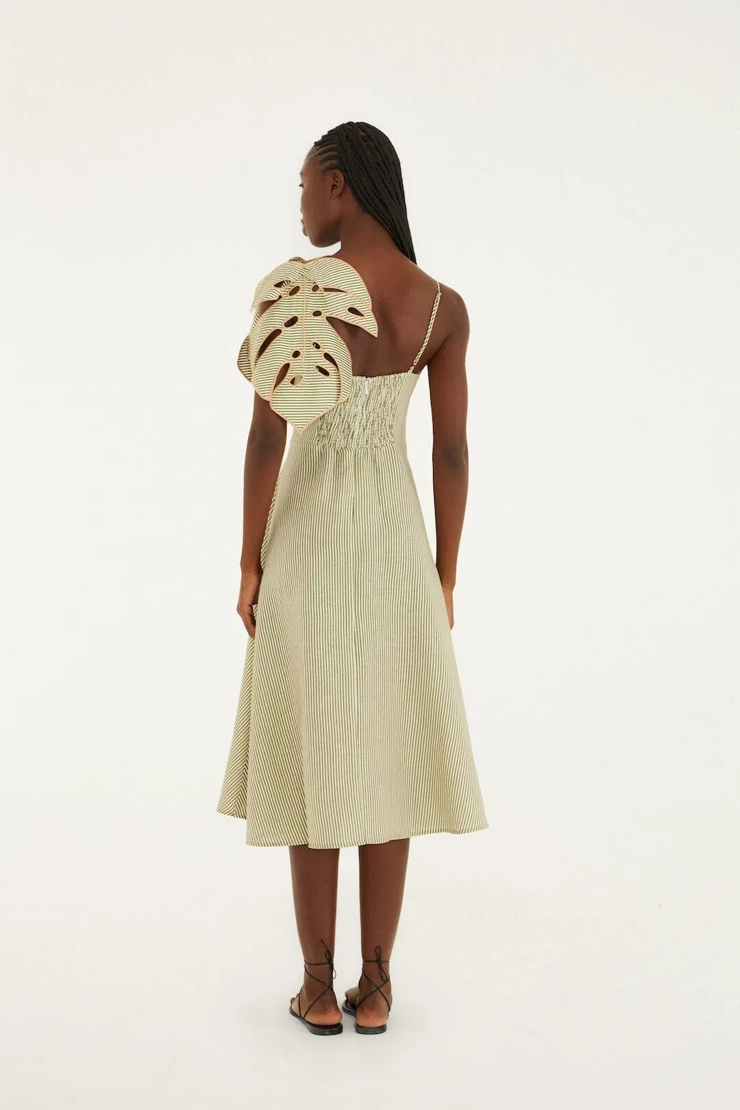 Green Striped 3d Monstera Leaf Euroflax™ Premium Linen Midi Dress sold by FARM Rio product image thumbnail 3