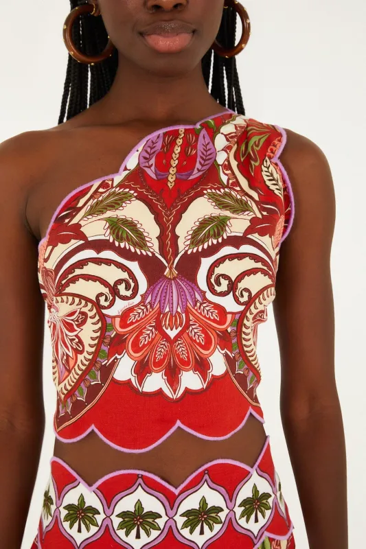 Red Odara Scallops Lenzing™ Ecovero™ Euroflax™ One-Shoulder Top sold by FARM Rio