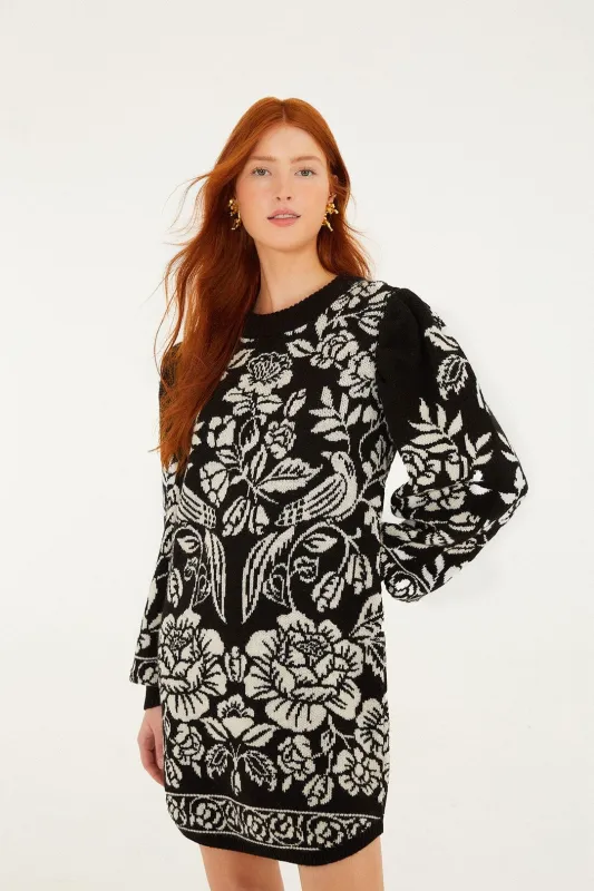 Black And White Cashew And Birds Knit Mini Dress sold by FARM Rio