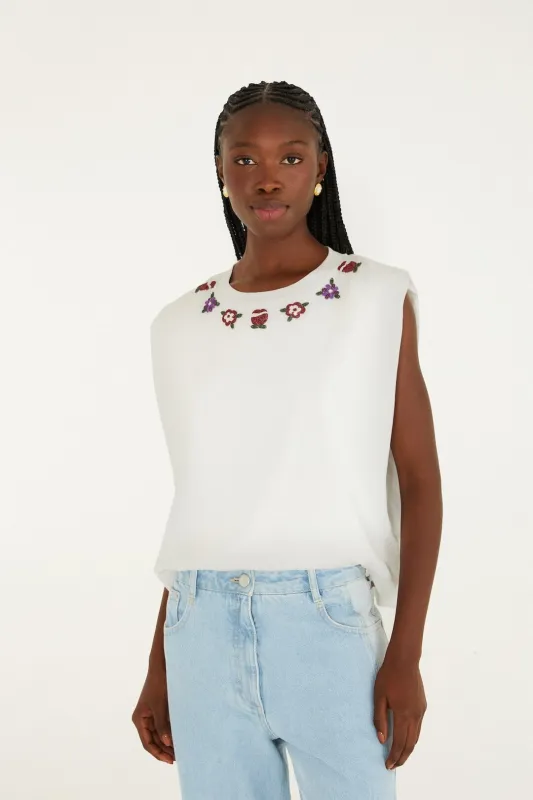 Off-White Beaded Flowers T-Shirt sold by FARM Rio