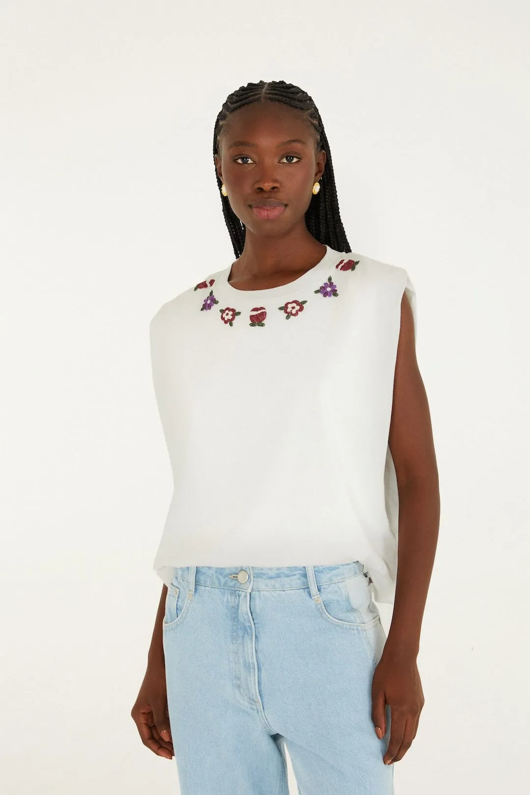 Off-White Beaded Flowers T-Shirt sold by FARM Rio