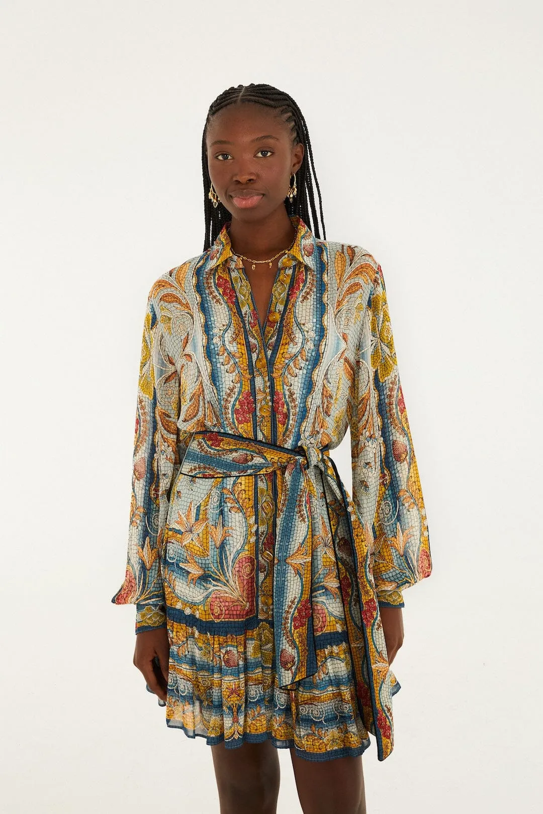 Blue Mosaic Garden Belted Mini Dress sold by FARM Rio