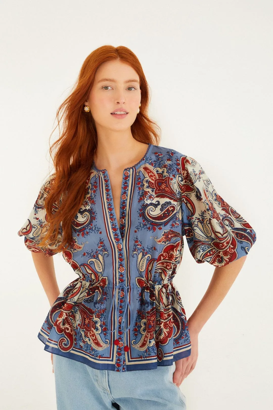 Blue Paisley Scarf Short Sleeve Blouse sold by FARM Rio