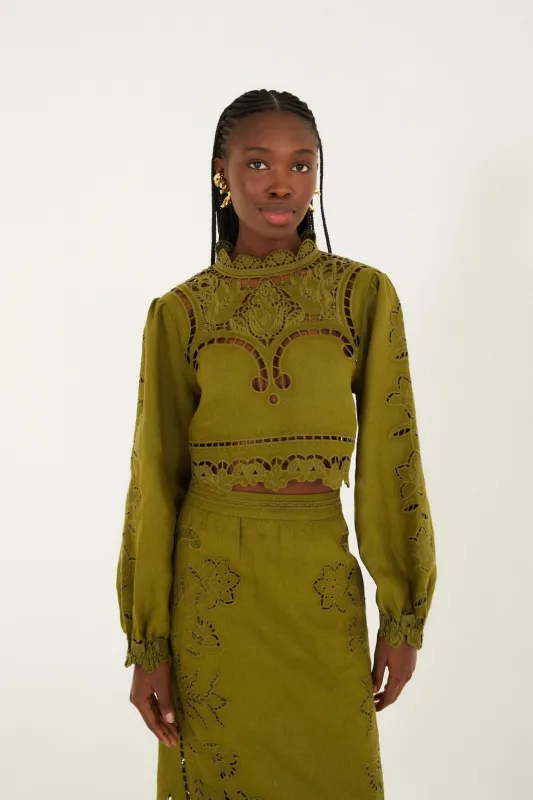 Green Majestic Garden Euroflax Premium Linen Richelieu Blouse sold by FARM Rio