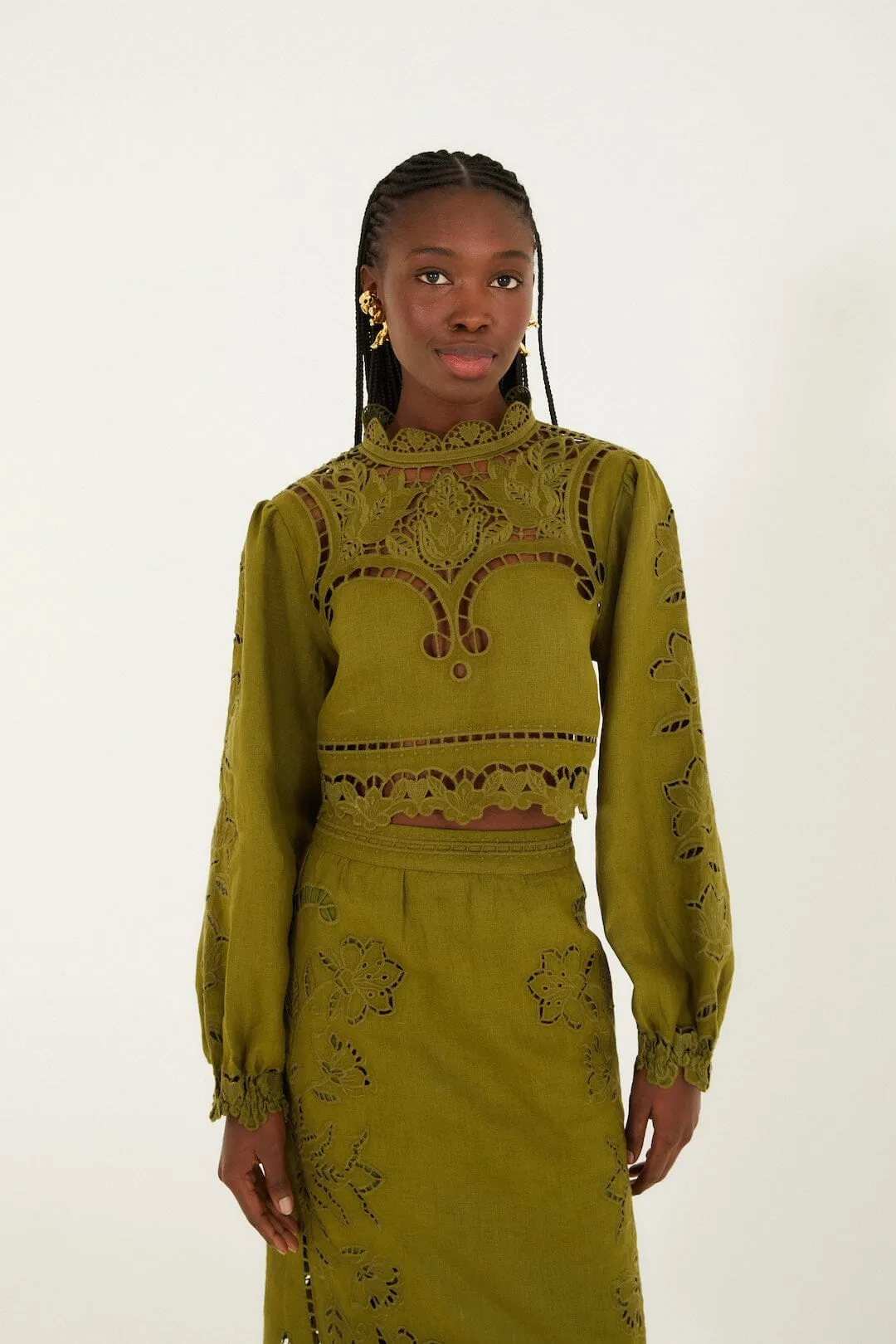 Green Majestic Garden Euroflax Premium Linen Richelieu Blouse sold by FARM Rio