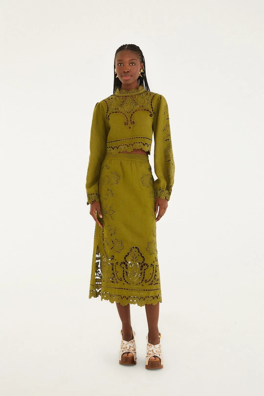 Green Majestic Garden Euroflax Premium Linen Richelieu Blouse sold by FARM Rio product image thumbnail 4