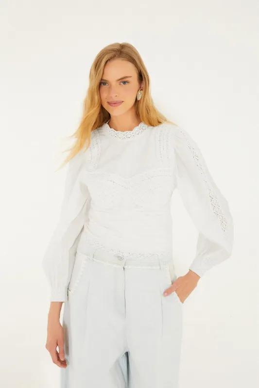 Off-White Crew Neck Long Sleeve Crochet Blouse sold by FARM Rio