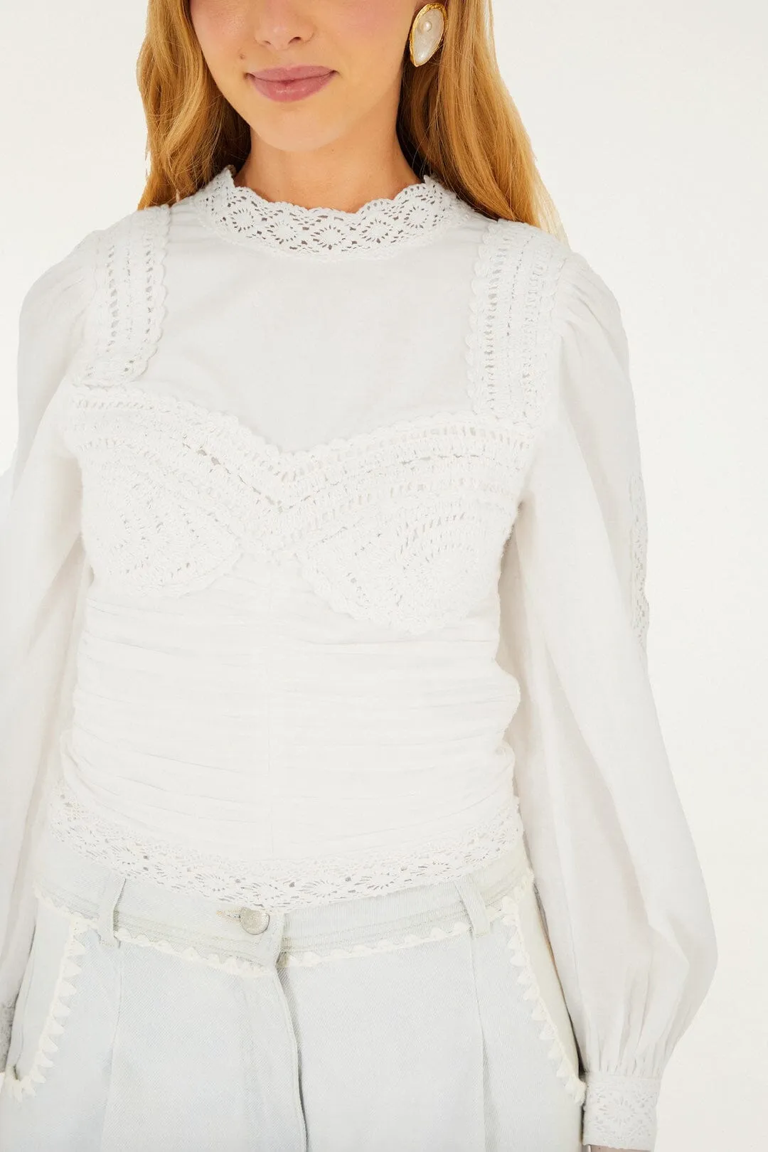 Off-White Crew Neck Long Sleeve Crochet Blouse sold by FARM Rio product image thumbnail 2