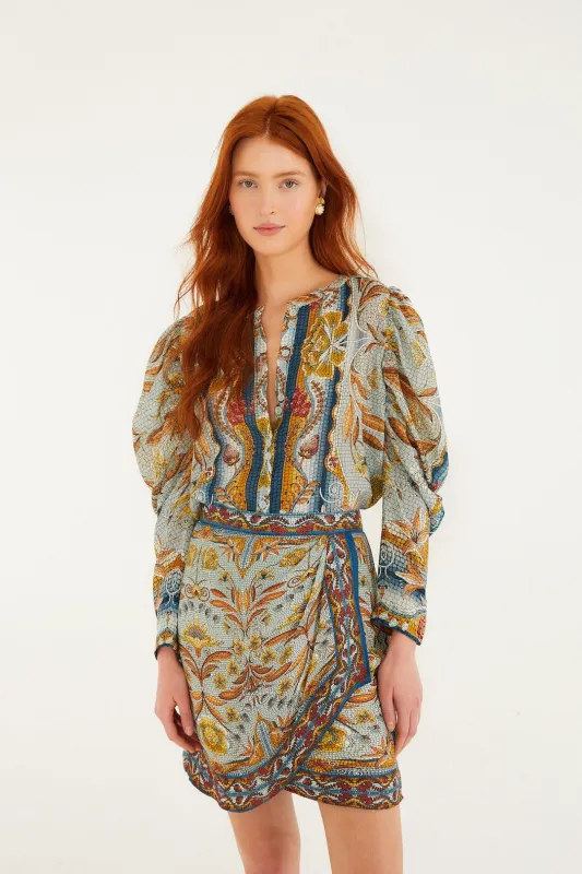 Blue Mosaic Garden Lenzing Ecovero Viscose Mini Wrap Skirt sold by FARM Rio