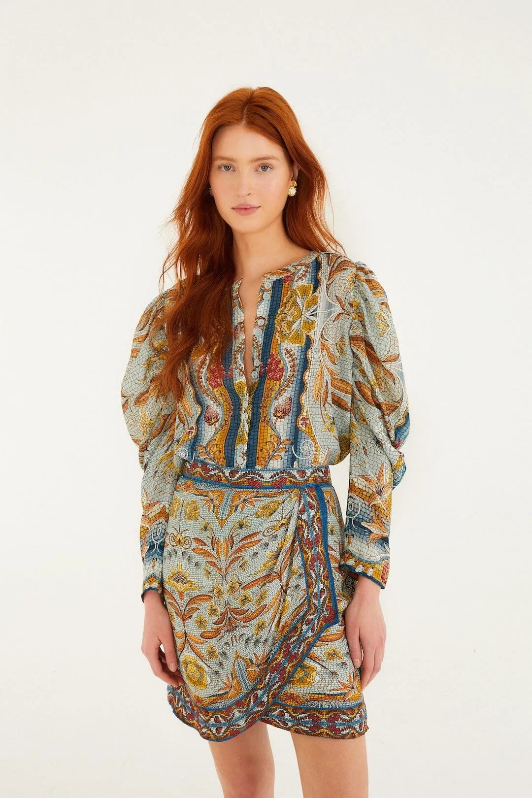 Blue Mosaic Garden Lenzing Ecovero Viscose Mini Wrap Skirt sold by FARM Rio