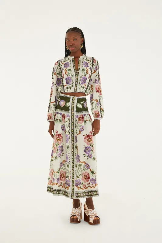 Cream Rococo Flowers Lace Buttoned Midi Skirt sold by FARM Rio