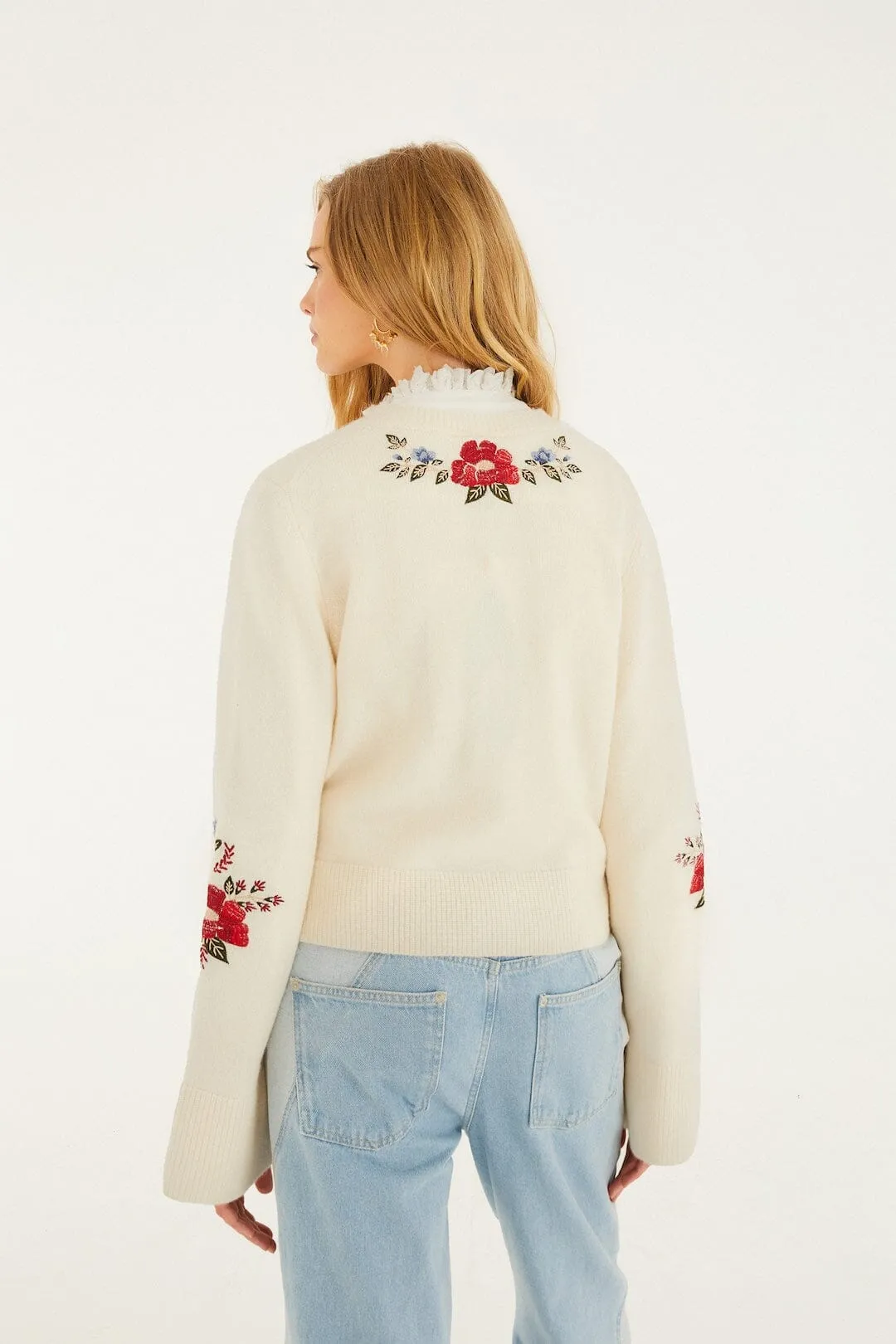 Cream Embroidered Flowers Buttoned Knit Cardigan sold by FARM Rio product image thumbnail 3